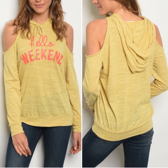 Mustard "HELLO WEEKEND" OPEN SHOULDER HOODED TOP - Picture 3 of 7